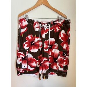 Vintage Hollister Mens Hibiscus Floral Board Shorts Brown Red‎ Large